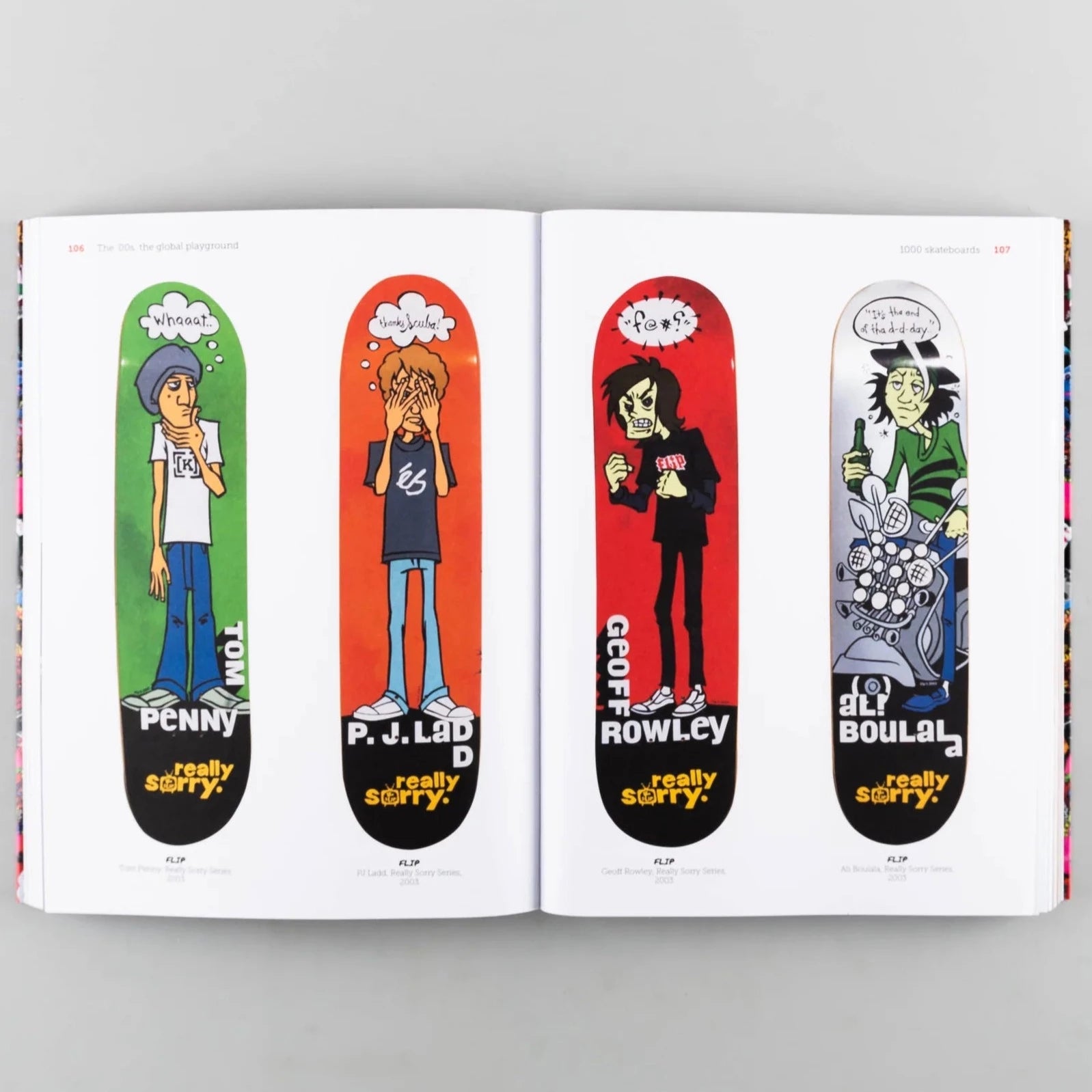 inside pages of a book showing pictures of skateboards
