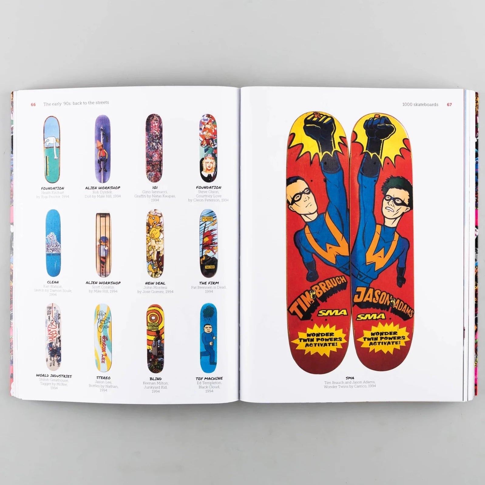 Inside of a book showing diagrams of skateboards