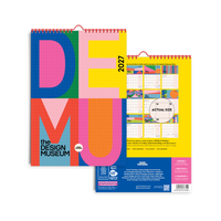 The Design Museum 2027 desk calendar shown from two angles: the front cover features large colorful letters spelling 'DEMU' in a grid pattern, and the back cover displays a monthly calendar layout with a blue footer and a white 'ACTUAL SIZE' circle.