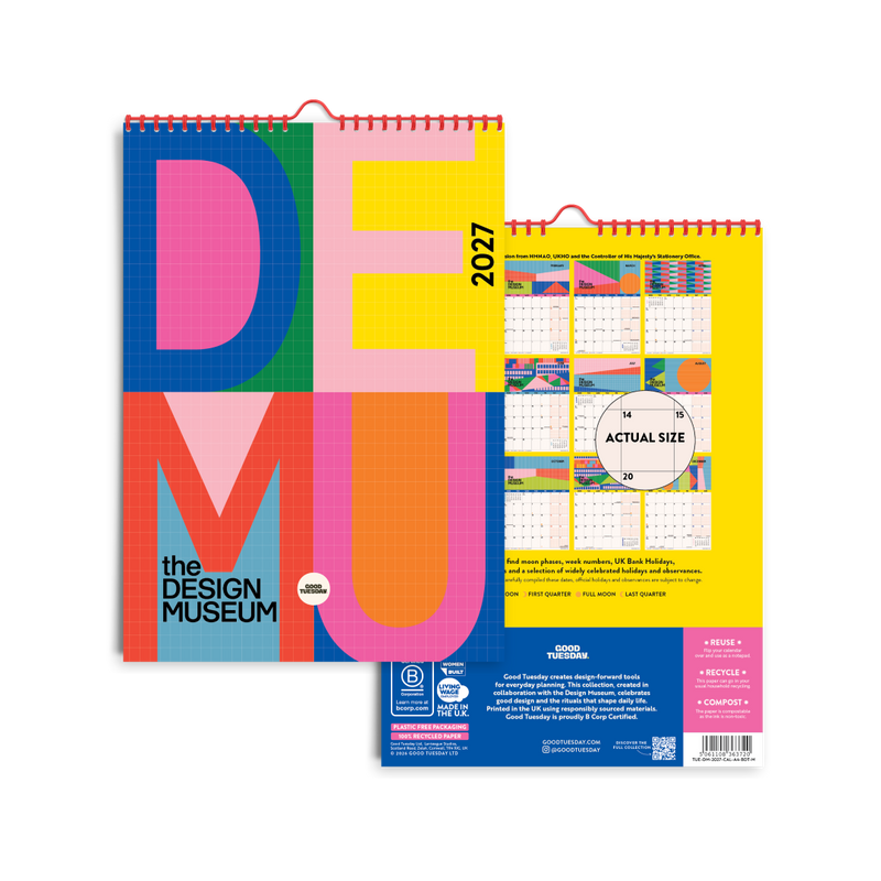 The Design Museum 2027 desk calendar shown from two angles: the front cover features large colorful letters spelling 'DEMU' in a grid pattern, and the back cover displays a monthly calendar layout with a blue footer and a white 'ACTUAL SIZE' circle.