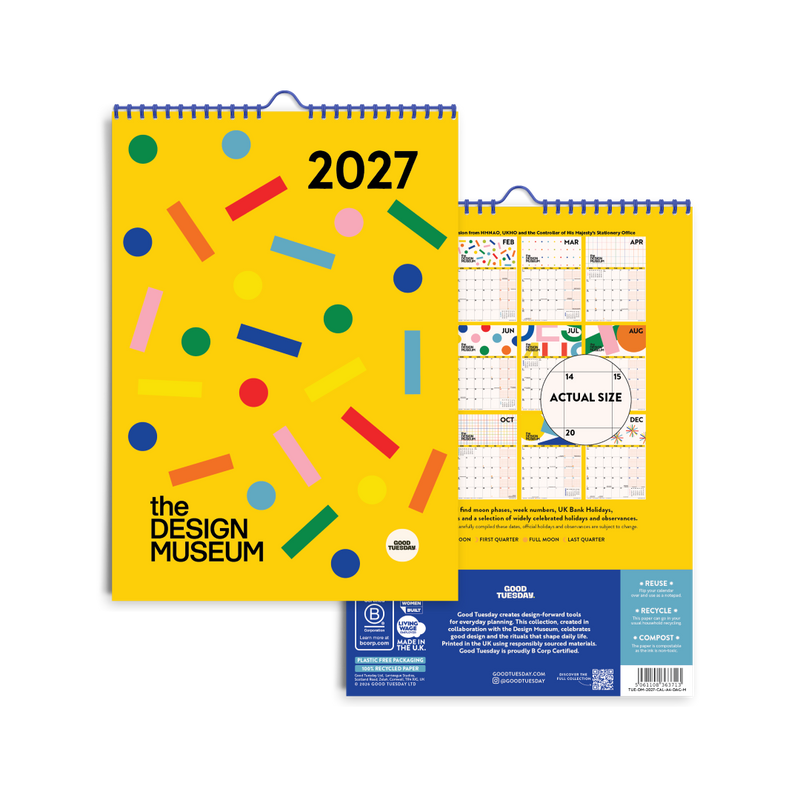 A 2027 wall calendar from The Design Museum, featuring a bright yellow cover decorated with colorful confetti-like shapes and a blue spiral binding. The back cover is partially visible behind it, showing monthly grids and a blue footer with product details.