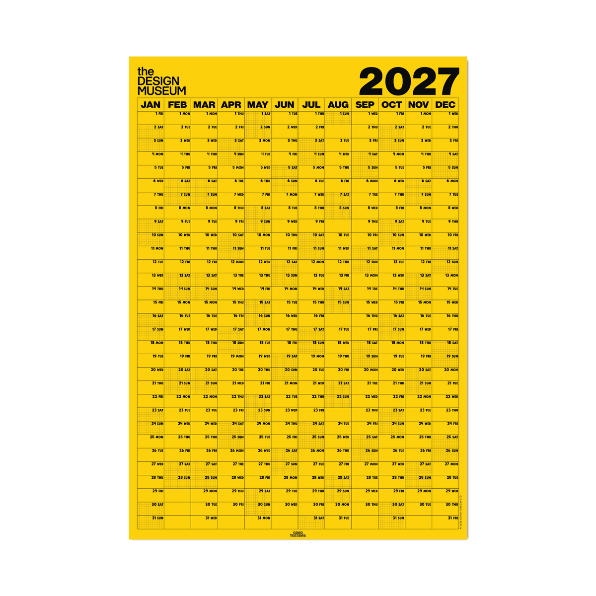 A bright yellow 2027 year calendar from The Design Museum, featuring a black grid with dates and event listings for each day of the week across 12 months.