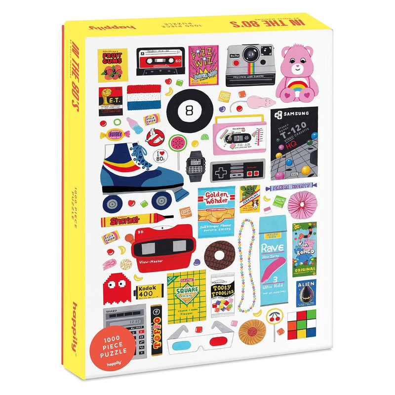 A puzzle box with a retro 1980s theme, featuring various colorful illustrations including a Rubik's cube, a pair of rollerskates, and other vintage items.