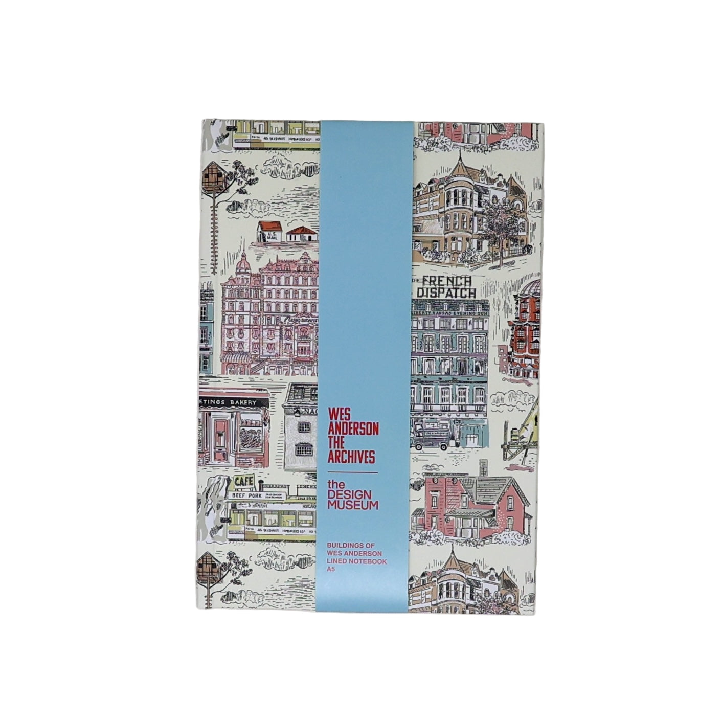 Notebook with illustrated cityscape design on a light gray background
