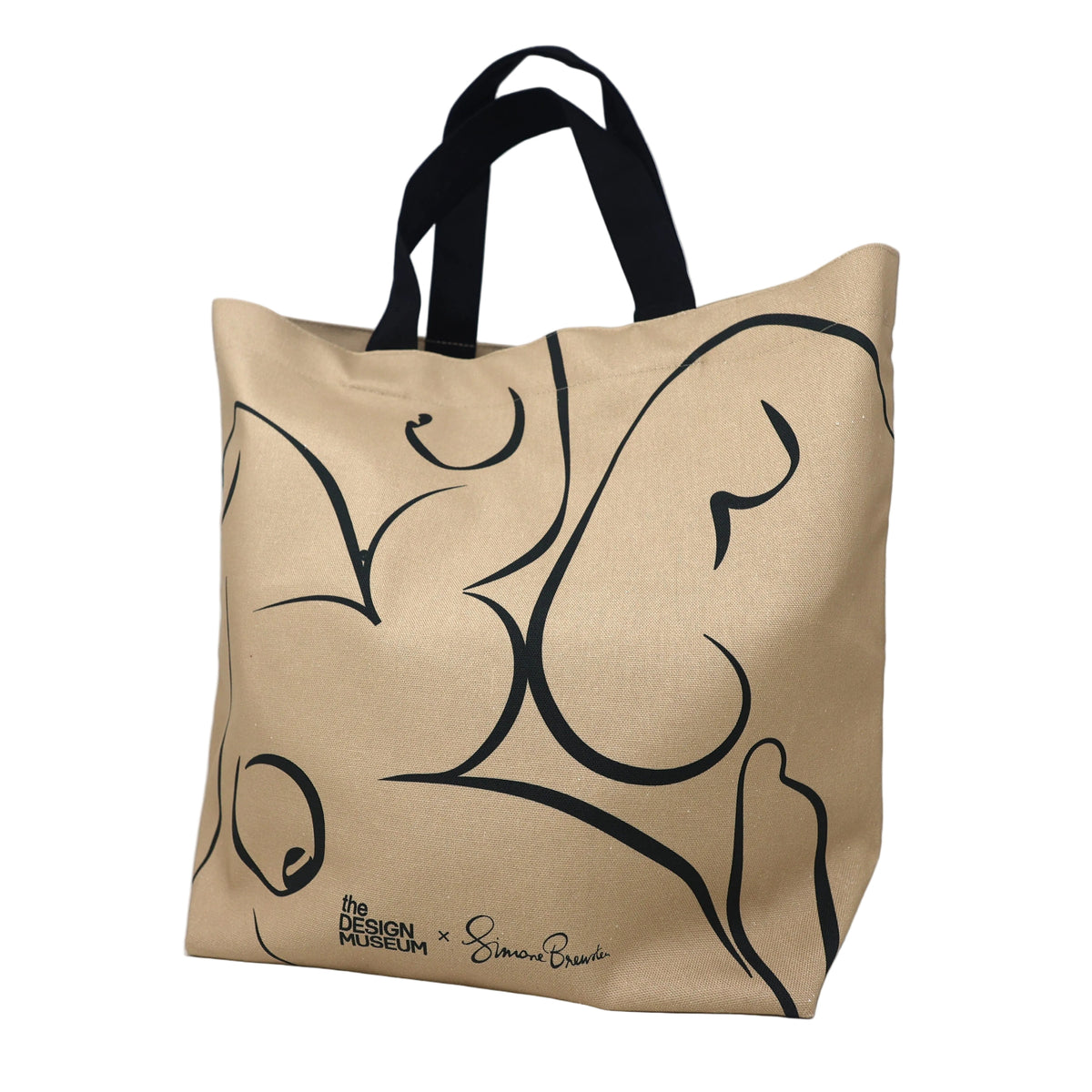 Beige tote bag with black abstract design on a white surface