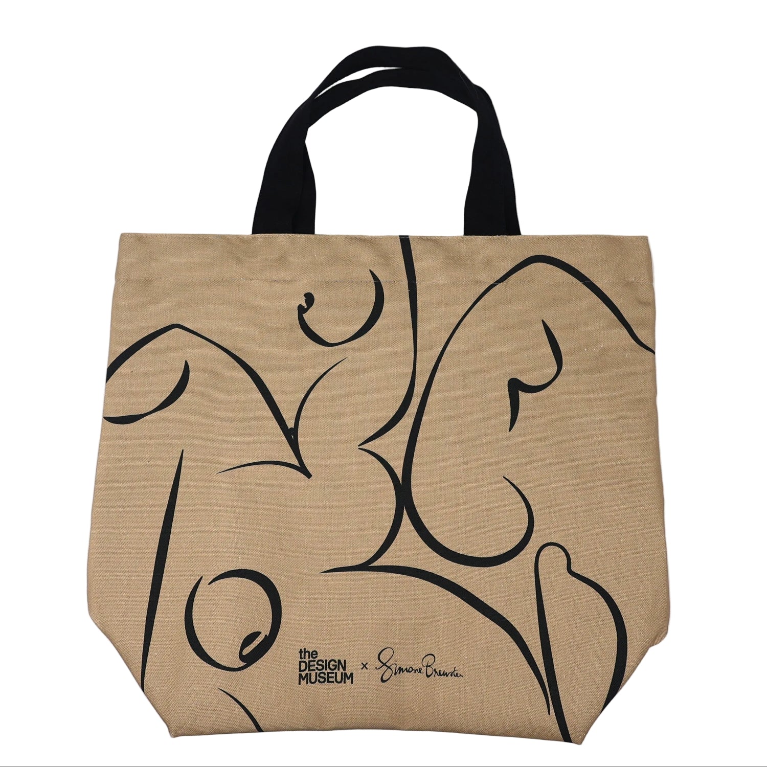 Beige tote bag with black abstract designs on a white background