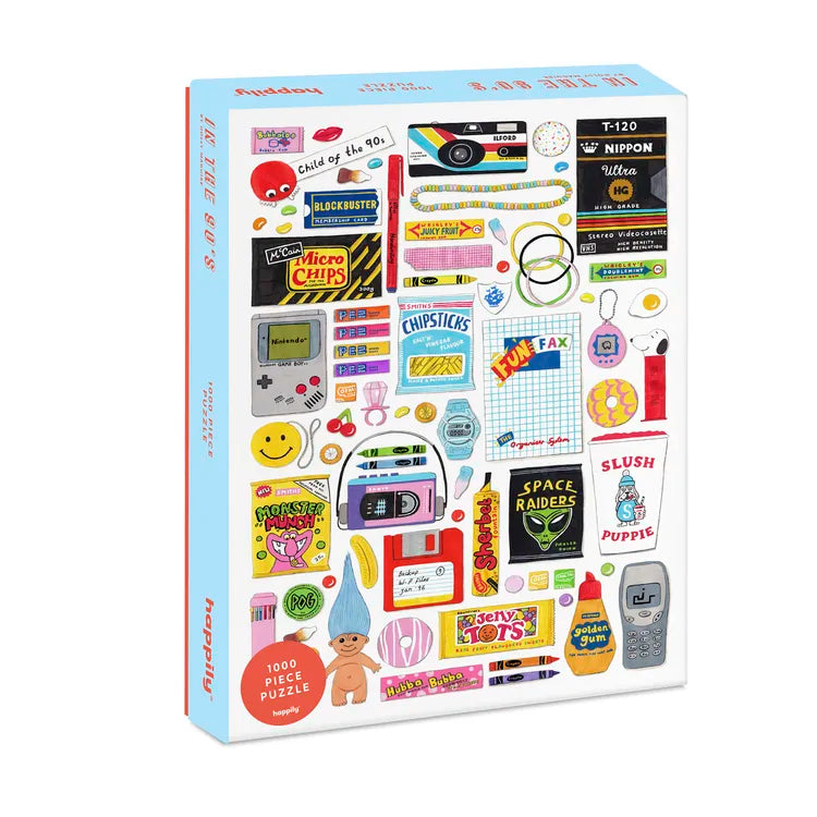 A puzzle box with colorful illustrations of 1990s themed items such as a calculator, a mobile phone, and various candies.