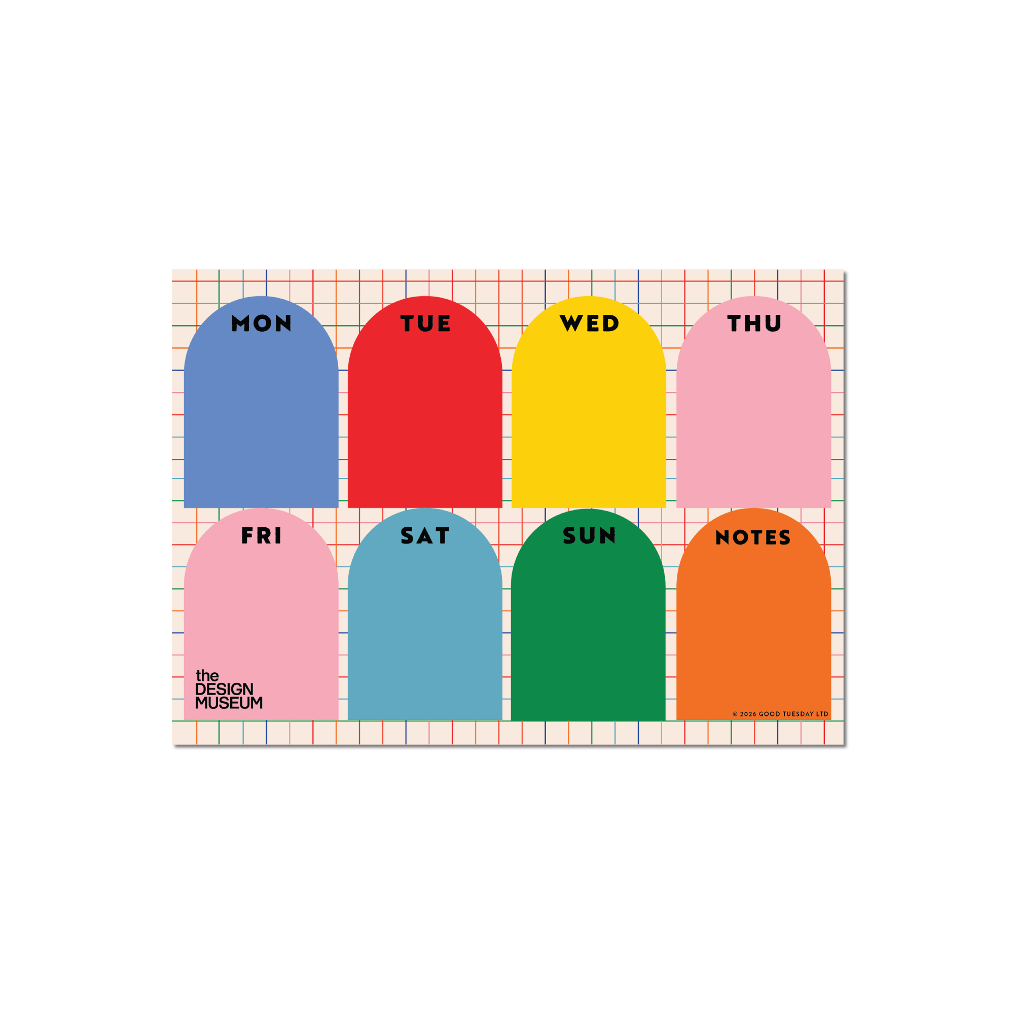 A weekly planner notepad featuring eight colorful arch-shaped tabs for Monday through Sunday and a notes section, printed on a white grid background with a thin multicolor border. The brand name 'THE DESIGN MUSEUM' is visible in the lower-left corner.