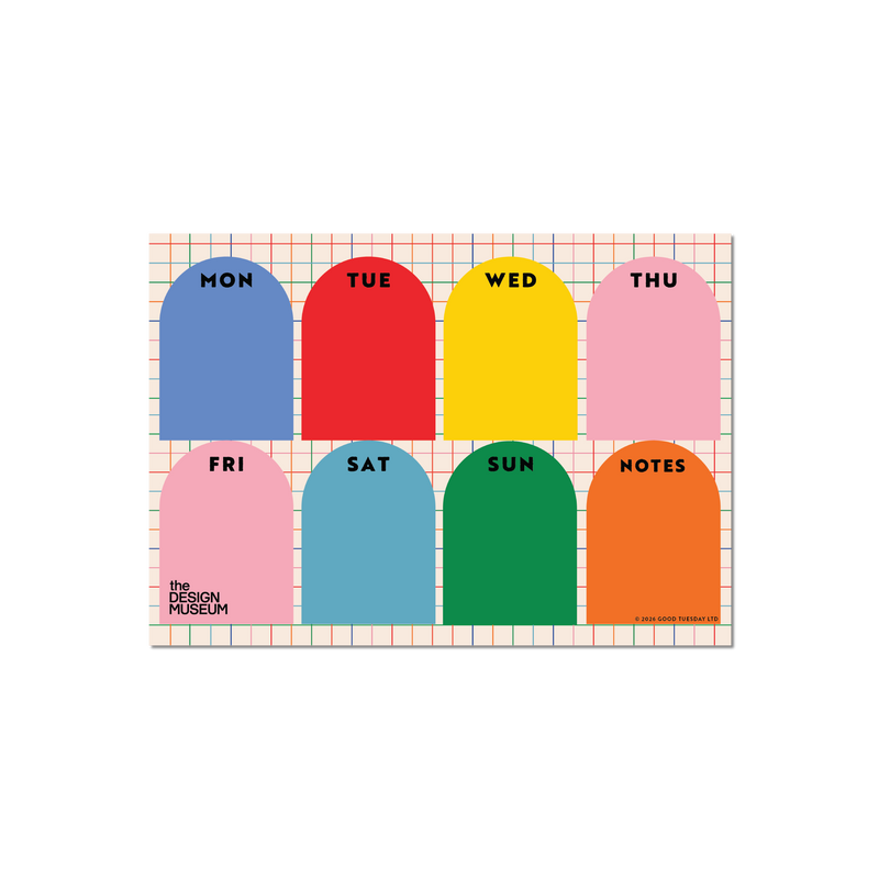 A weekly planner notepad featuring eight colorful arch-shaped tabs for Monday through Sunday and a notes section, printed on a white grid background with a thin multicolor border. The brand name 'THE DESIGN MUSEUM' is visible in the lower-left corner.