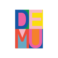 A square art print featuring the word 'DEMU' in large, colorful block letters arranged in a grid. The letters are filled with various pastel and bright gradients, including pink, yellow, blue, green, orange, and red, all set against a clean white background.