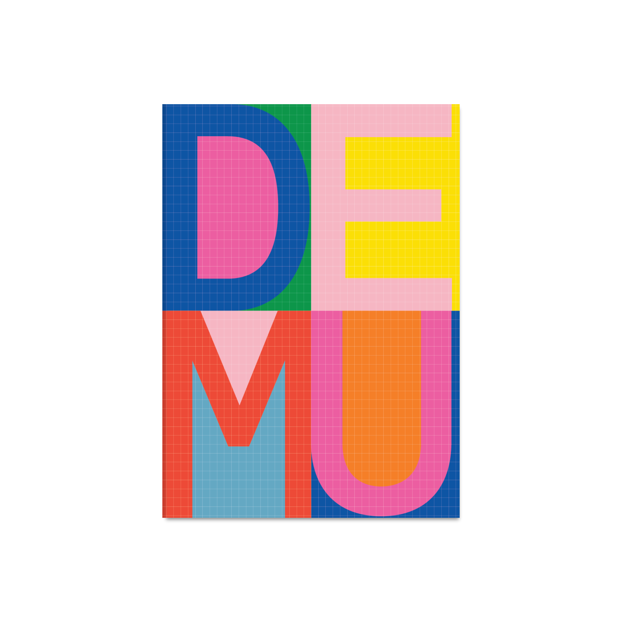 A square art print featuring the word 'DEMU' in large, colorful block letters arranged in a grid. The letters are filled with various pastel and bright gradients, including pink, yellow, blue, green, orange, and red, all set against a clean white background.
