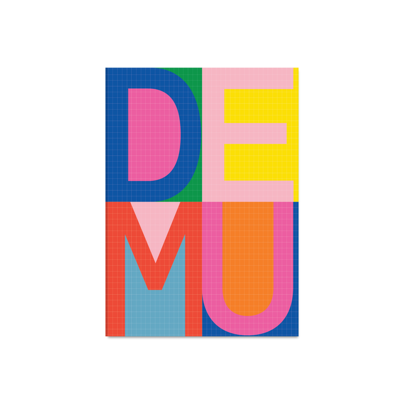 A square art print featuring the word 'DEMU' in large, colorful block letters arranged in a grid. The letters are filled with various pastel and bright gradients, including pink, yellow, blue, green, orange, and red, all set against a clean white background.