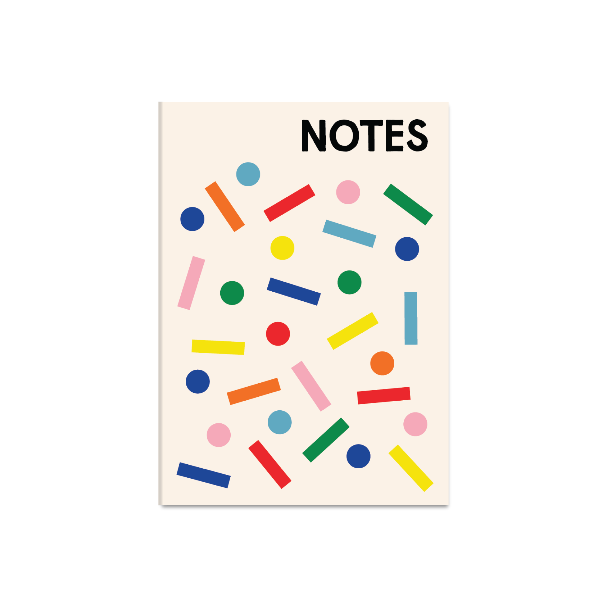 A cream-colored notebook or notepad with the word 'NOTES' printed in bold black at the top, decorated with scattered colorful geometric shapes including circles, rectangles, and lines in blue, red, green, yellow, pink, and orange.