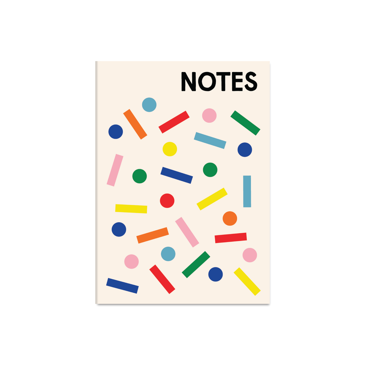 A white notebook with scattered colorful geometric shapes including circles, rectangles, and lines in blue, red, green, yellow, pink, and orange.