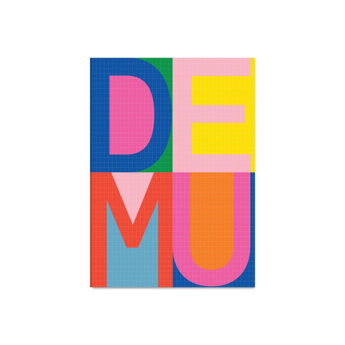 A notebook featuring the word 'DEMU' in large, colorful block letters arranged in a grid. 