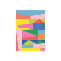 A notebook featuring a colorful geometric pattern of pink, blue, yellow, green, and orange blocks with fine grid textures, shown against a plain white background.