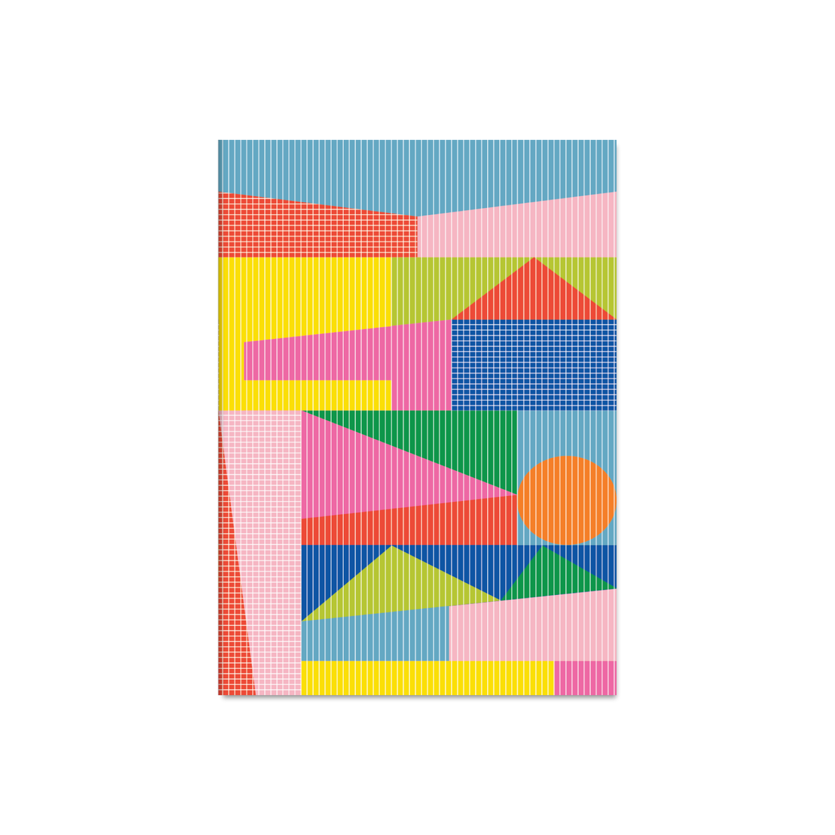 A notebook featuring a colorful geometric pattern of pink, blue, yellow, green, and orange blocks with fine grid textures, shown against a plain white background.