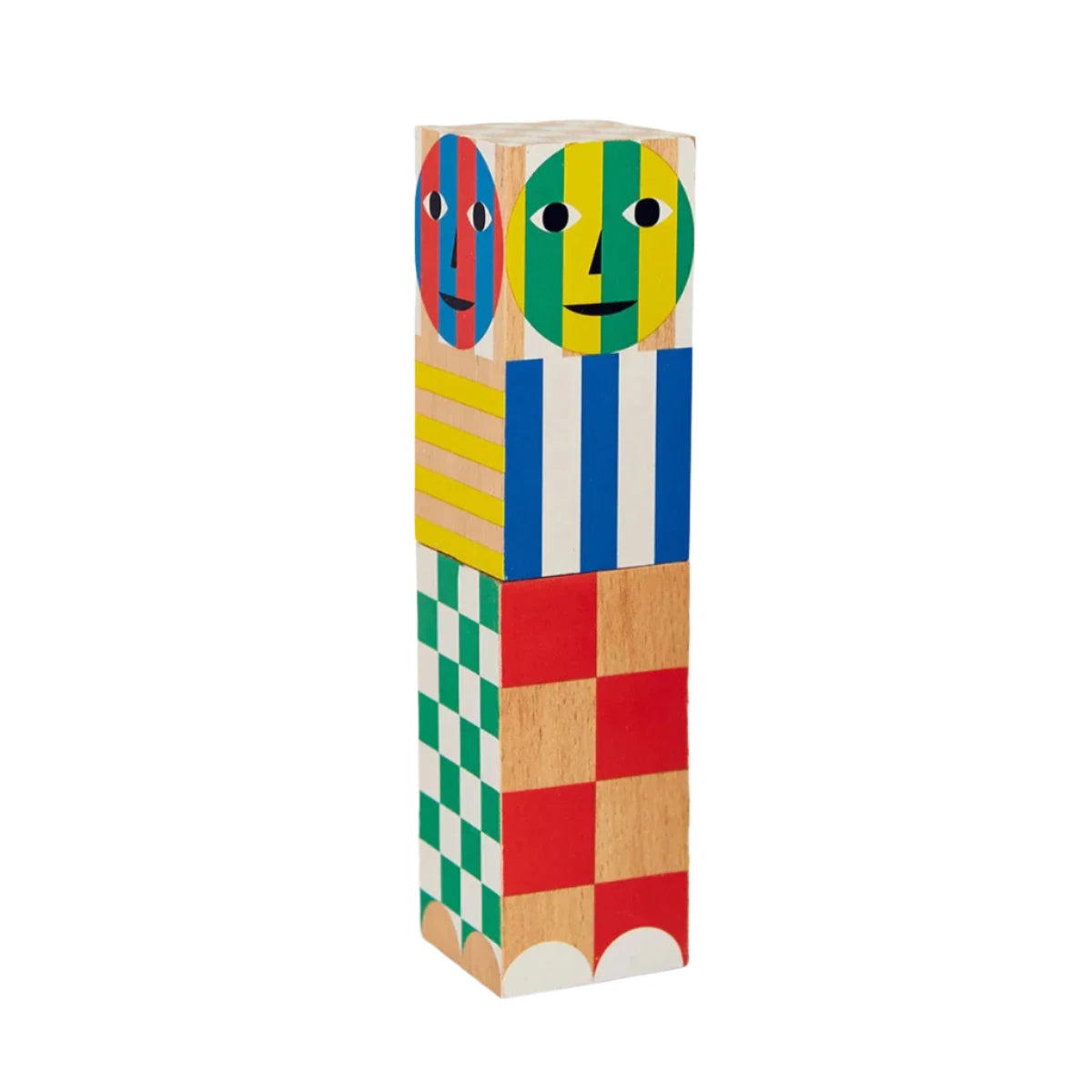 A wooden salt and pepper grinder with a geometric multicolor pattern.