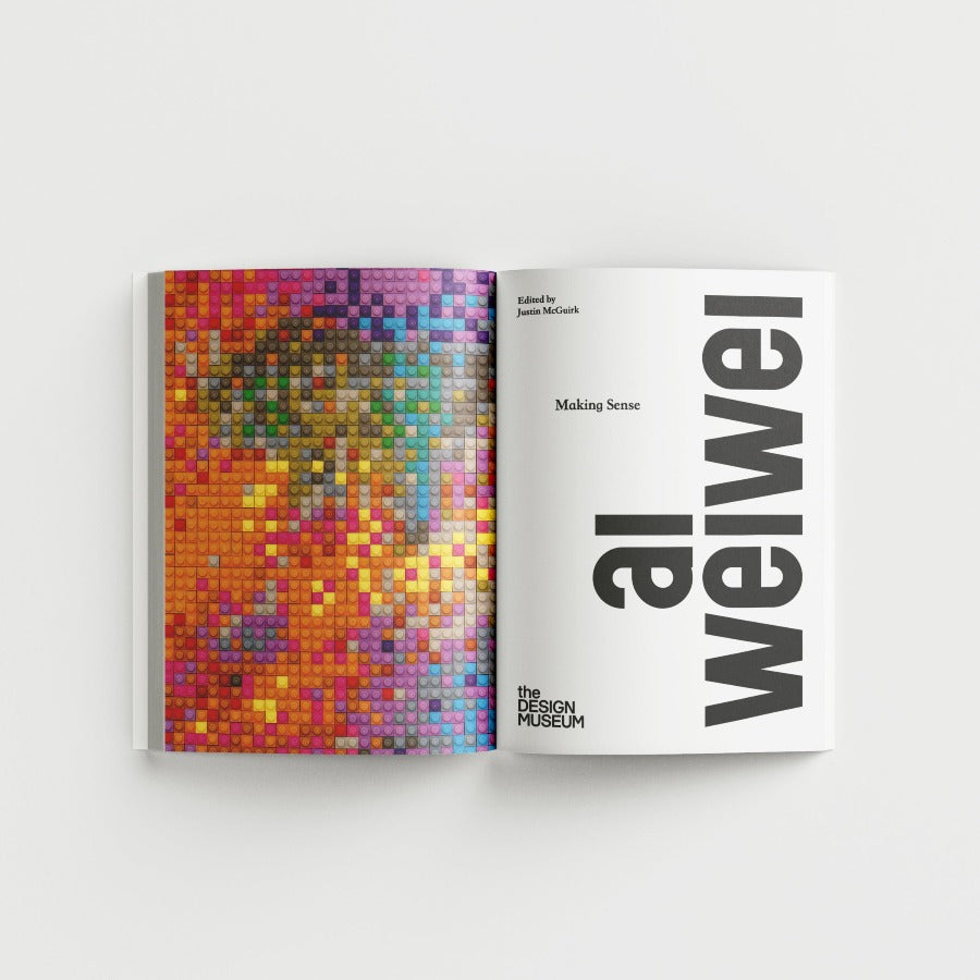 Inside page of Ai Weiwei catalogue open page fetauring colourful Lego painting.