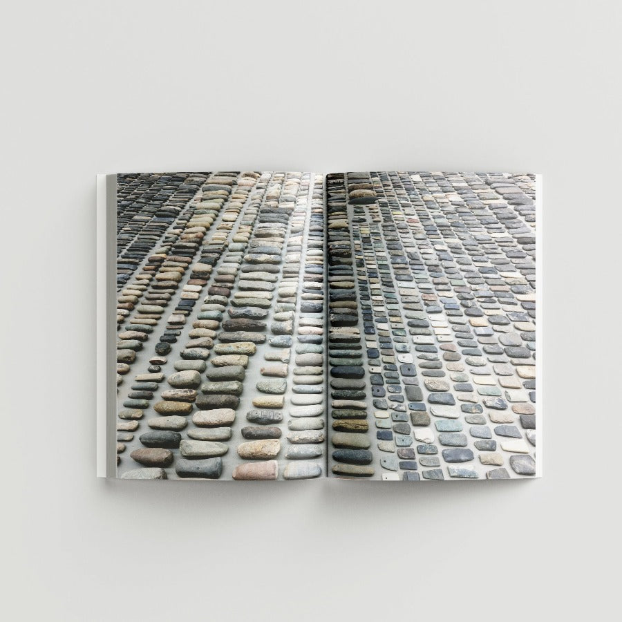 Inside page of Ai Weiwei catalogue with a photograph of various stones in rows against a gray background.
