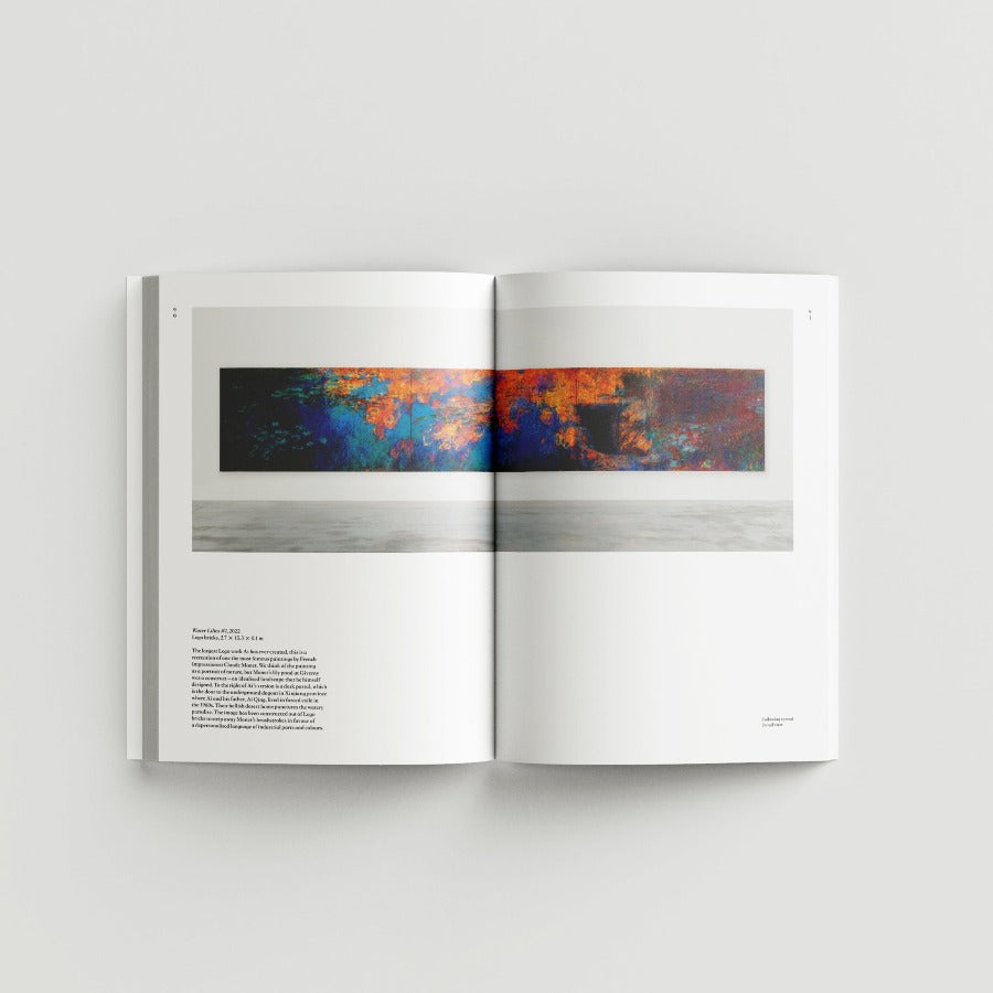 Inside page of Ai Weiwei catalogue with colourful lego painting on a gallery wall.