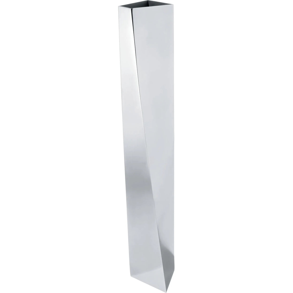 A long, tall, rectangular silver metal vase.