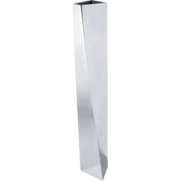 A long, tall, rectangular silver metal vase.