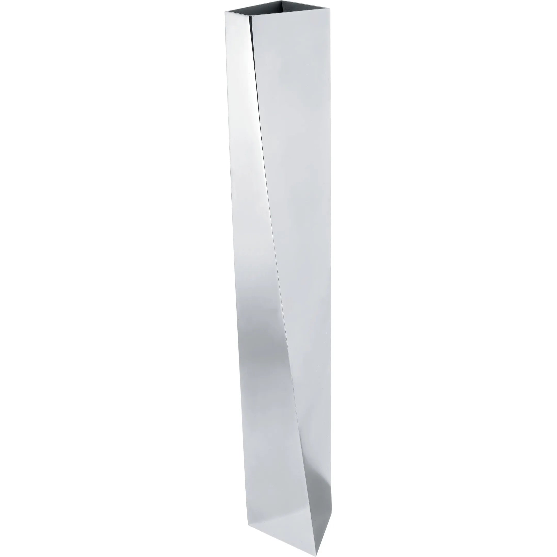 A long, tall, rectangular silver metal vase.