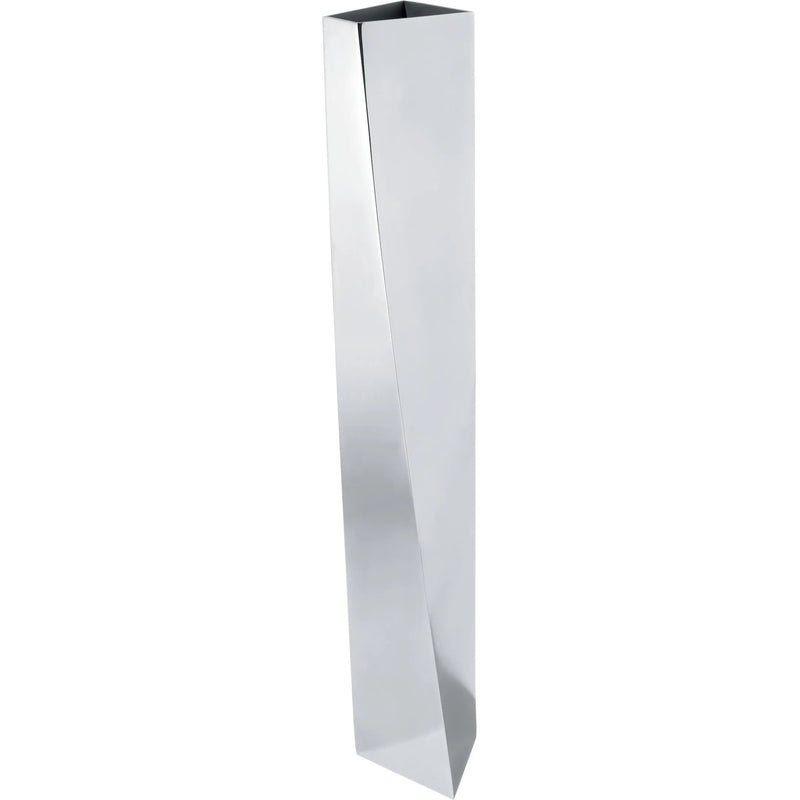 A long, tall, rectangular silver metal vase.