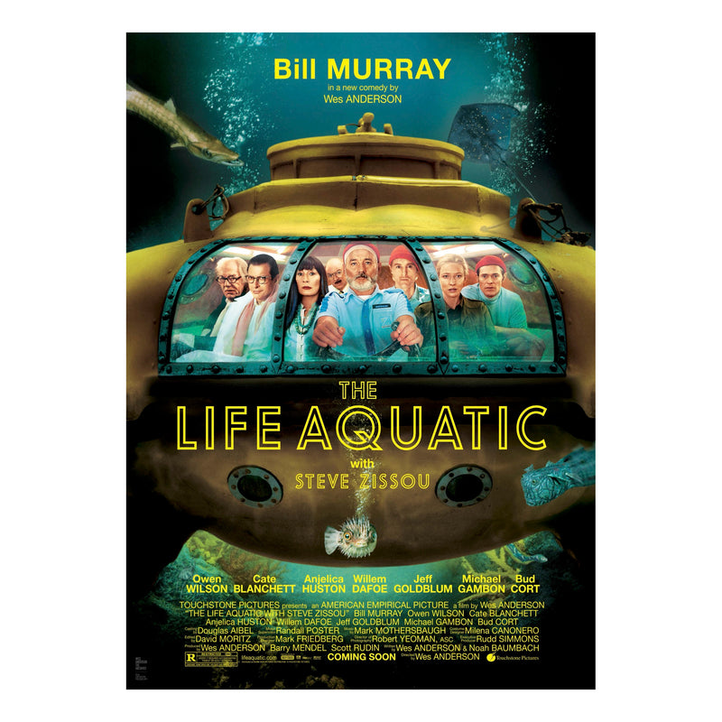 Movie poster for 'The Life Aquatic with Steve Zissou' featuring a yellow submarine and characters inside.