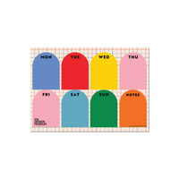 A weekly planner notepad featuring eight colorful arch-shaped tabs for Monday through Sunday 