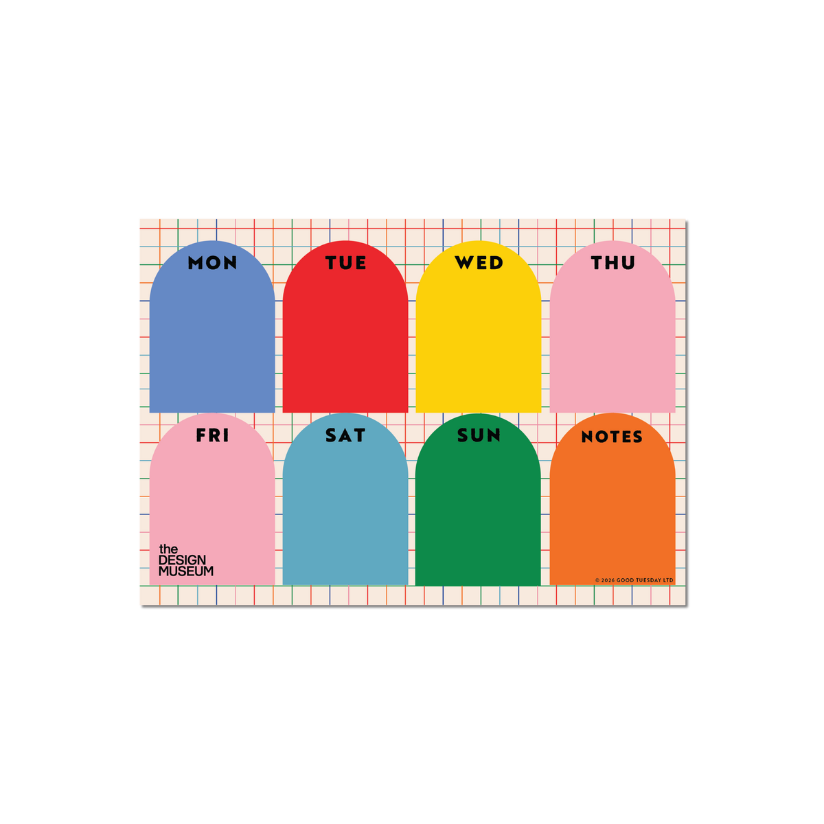 A weekly planner notepad featuring eight colorful arch-shaped tabs for Monday through Sunday 