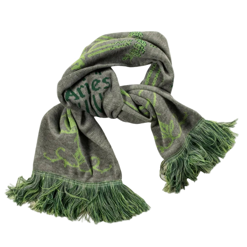 A gray knit scarf with green fringe and green embroidered lettering, laid flat on a light beige background.