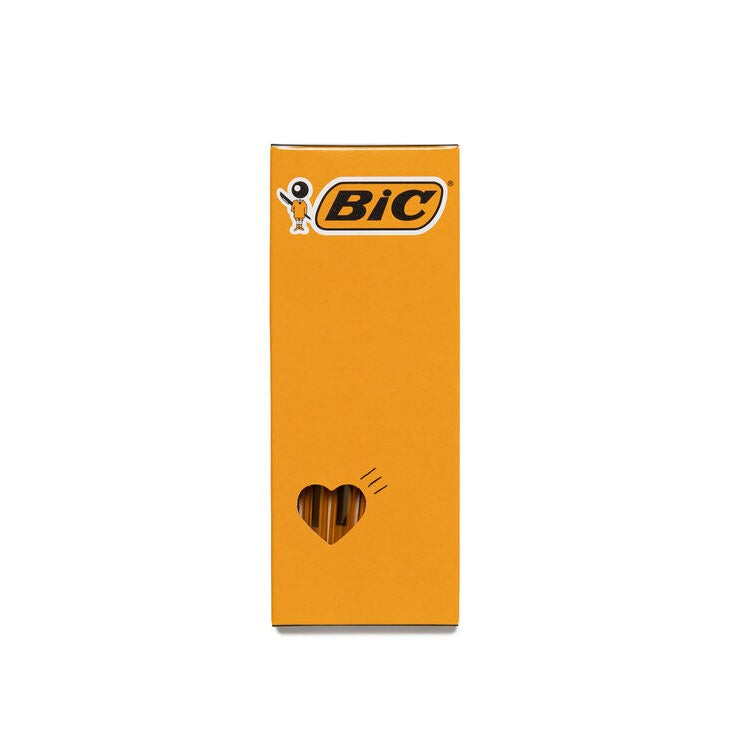 Orange box of BIC biros on a white background