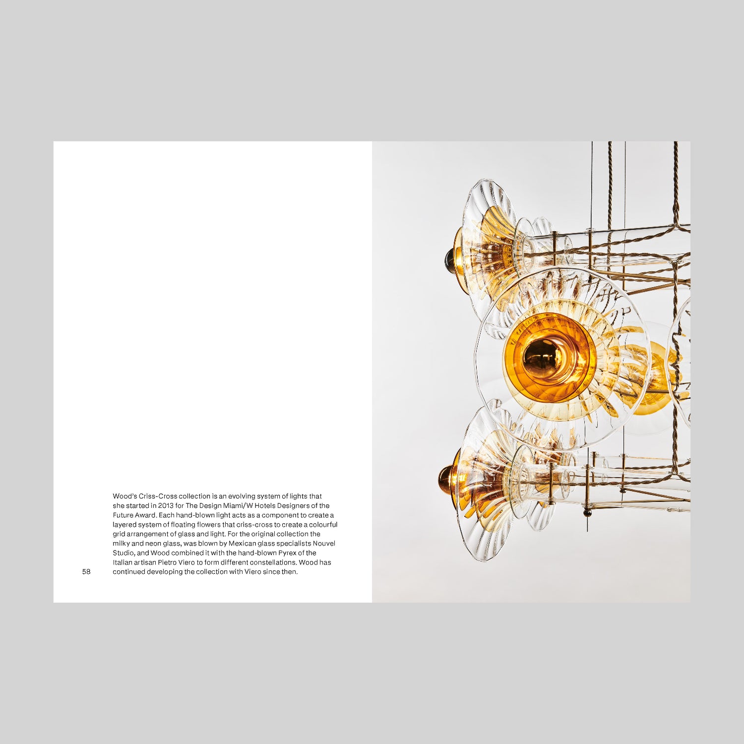 Inside page of Bethan Laura Wood catalogue featuring a modern chandelier with gold accents on a white background