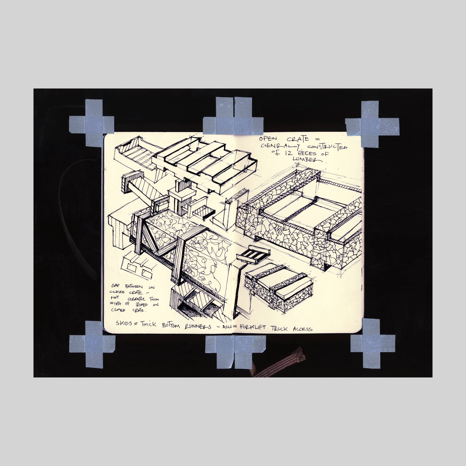 Inside page of Bethan Laura Wood catalogue featuring an architectural drawing of a building on a light background