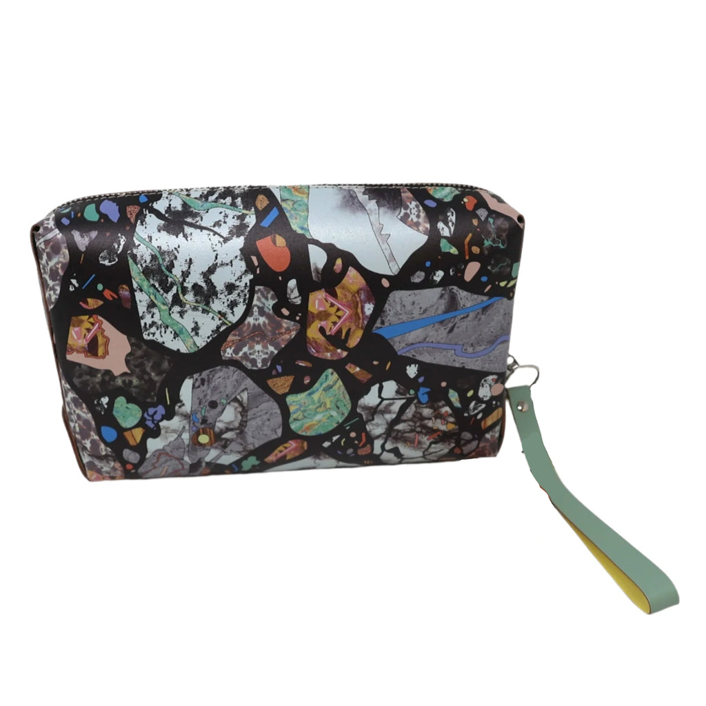 Multicolored patterned pouch with a visible brand tag on a white background