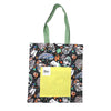 Tote bag with colorful pattern and green handle on a white background