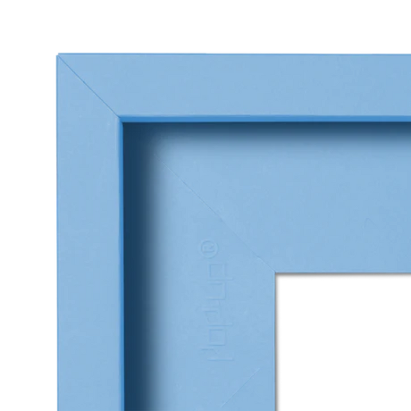 Close-up of a light blue picture frame corner with 'pop-up' branding.