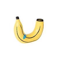 Yellow banana shaped vase on a white background.
