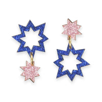 Pair of star-shaped earrings with blue and pink glittery finish on a white background