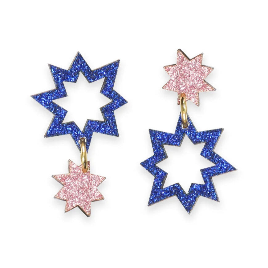 Pair of star-shaped earrings with blue and pink glittery finish on a white background