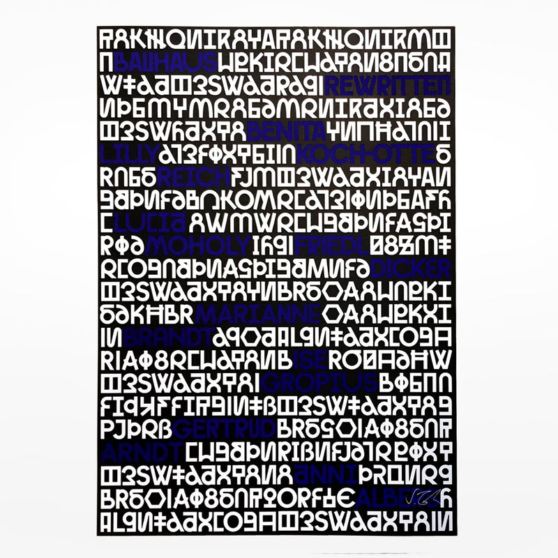 A typographic print featuring a pattern of names of designers from the Bauhaus movement in a black and blue colour scheme.