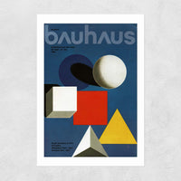 A print of the cover of a 1968 Bauhaus magazine with a geometric design using various colourful shapes on a blue background and 'bauhaus' in bold letters.