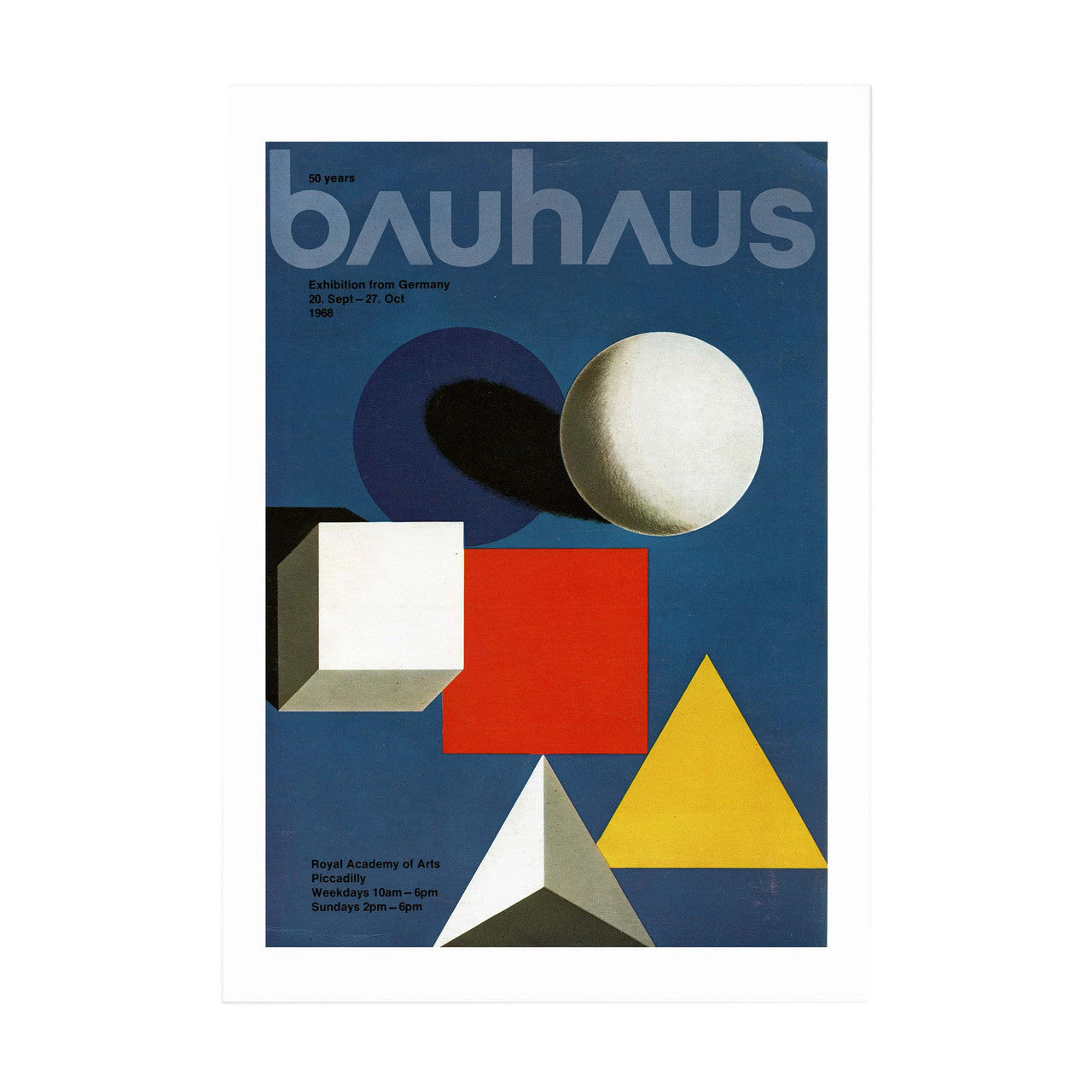 A print of the cover of a 1968 Bauhaus magazine with a geometric design using various colourful shapes on a blue background and 'bauhaus' in bold letters.