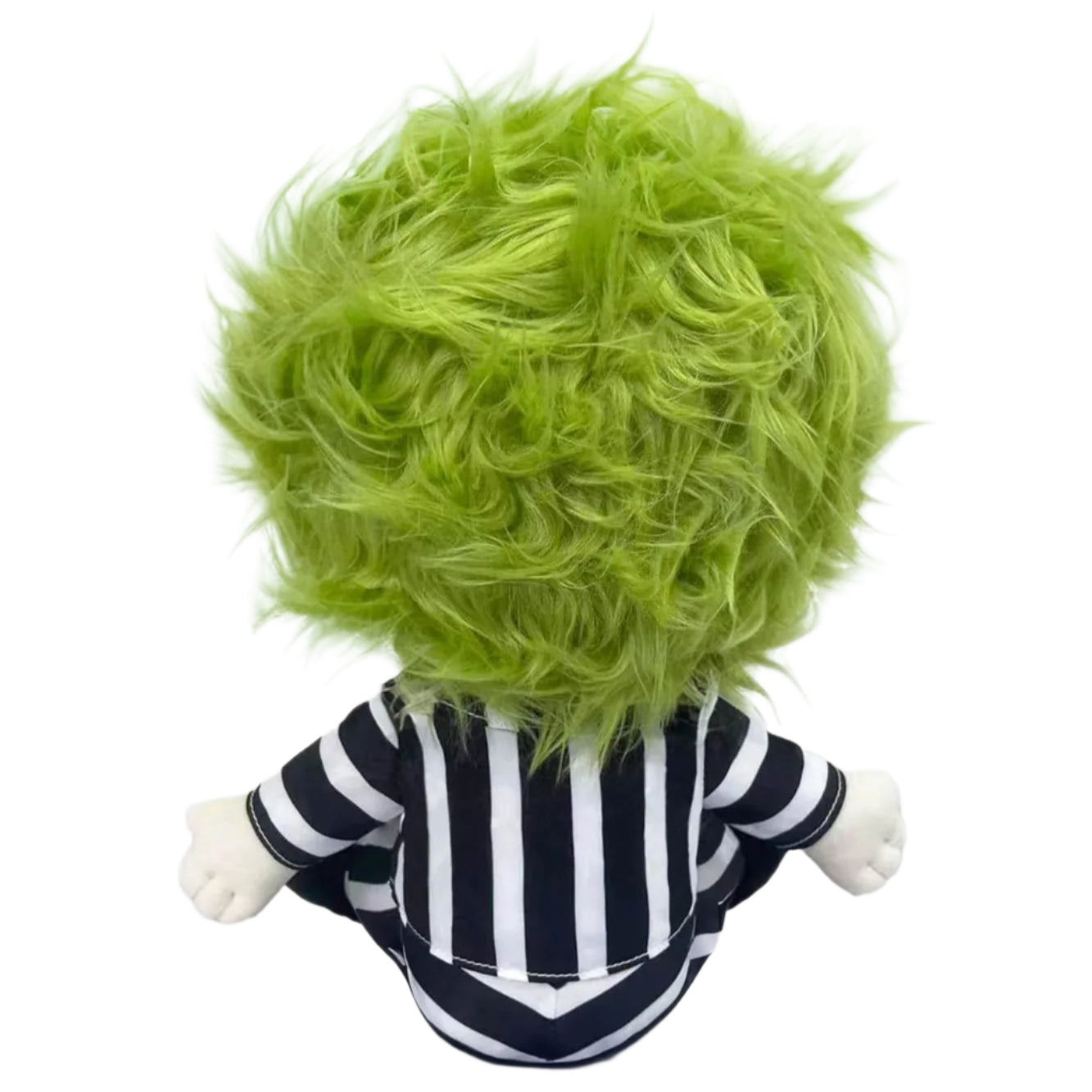 BACK of Green haired toy Tim Burton's Beetlejuice plush toy wearing classic black and white striped suit