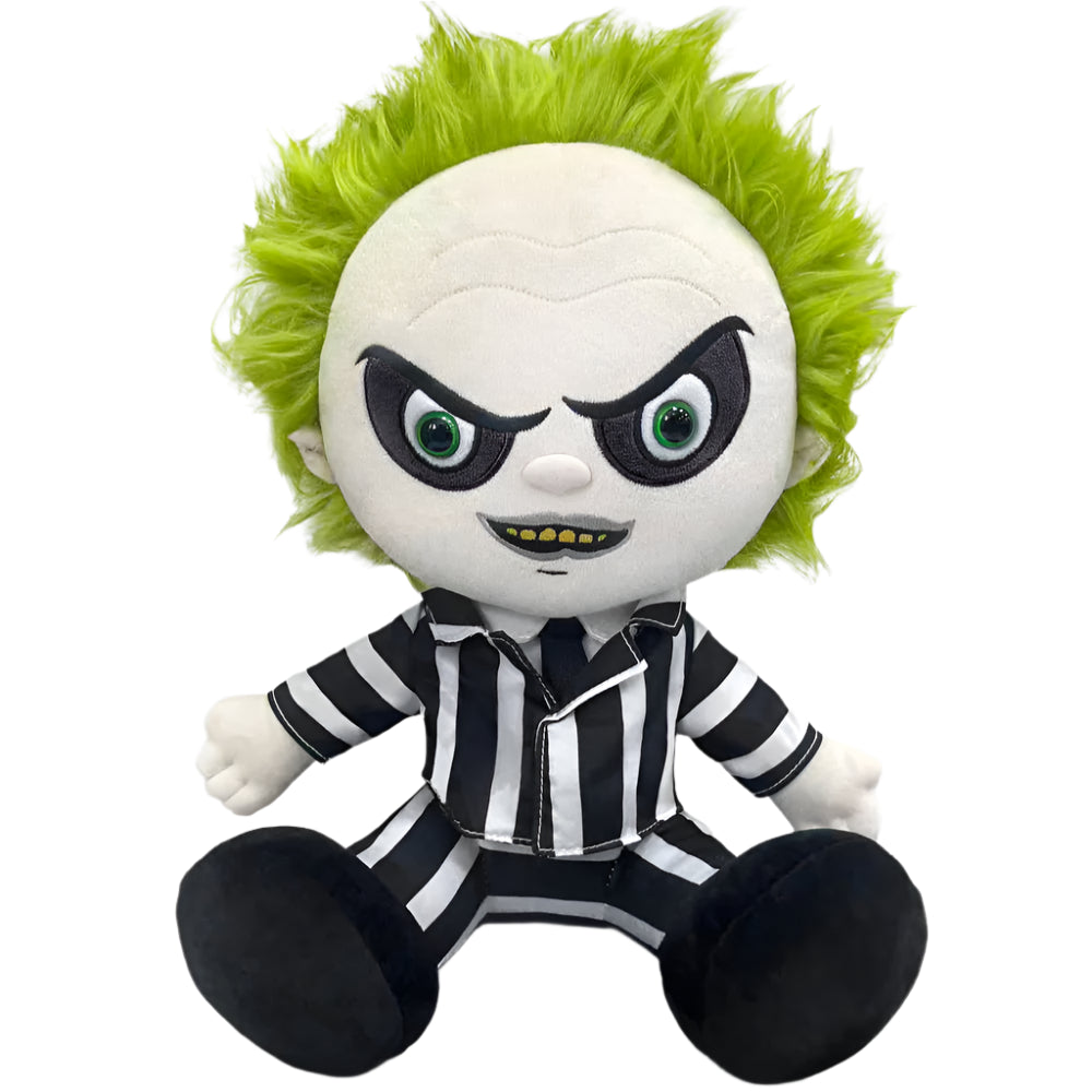 Tim Burton's Beetlejuice plush toy angry face wearing classic black and white striped suit