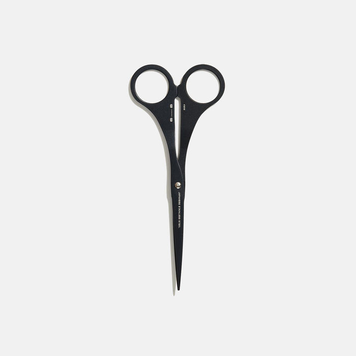 A pair of black-handled stainless steel everyday scissors with ultra thin blades.