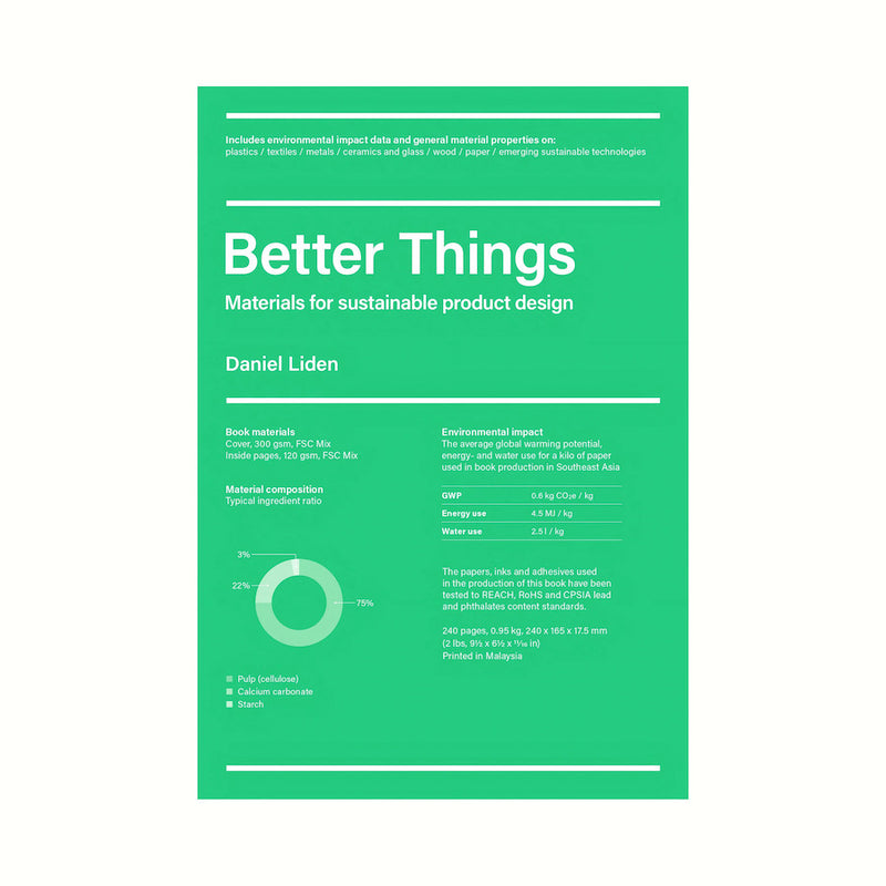 Front cover of 'Better Things: Materials for sustainable product design' by Daniel Liden, featuring a green background with white text and a graphic representation of environmental impact data.