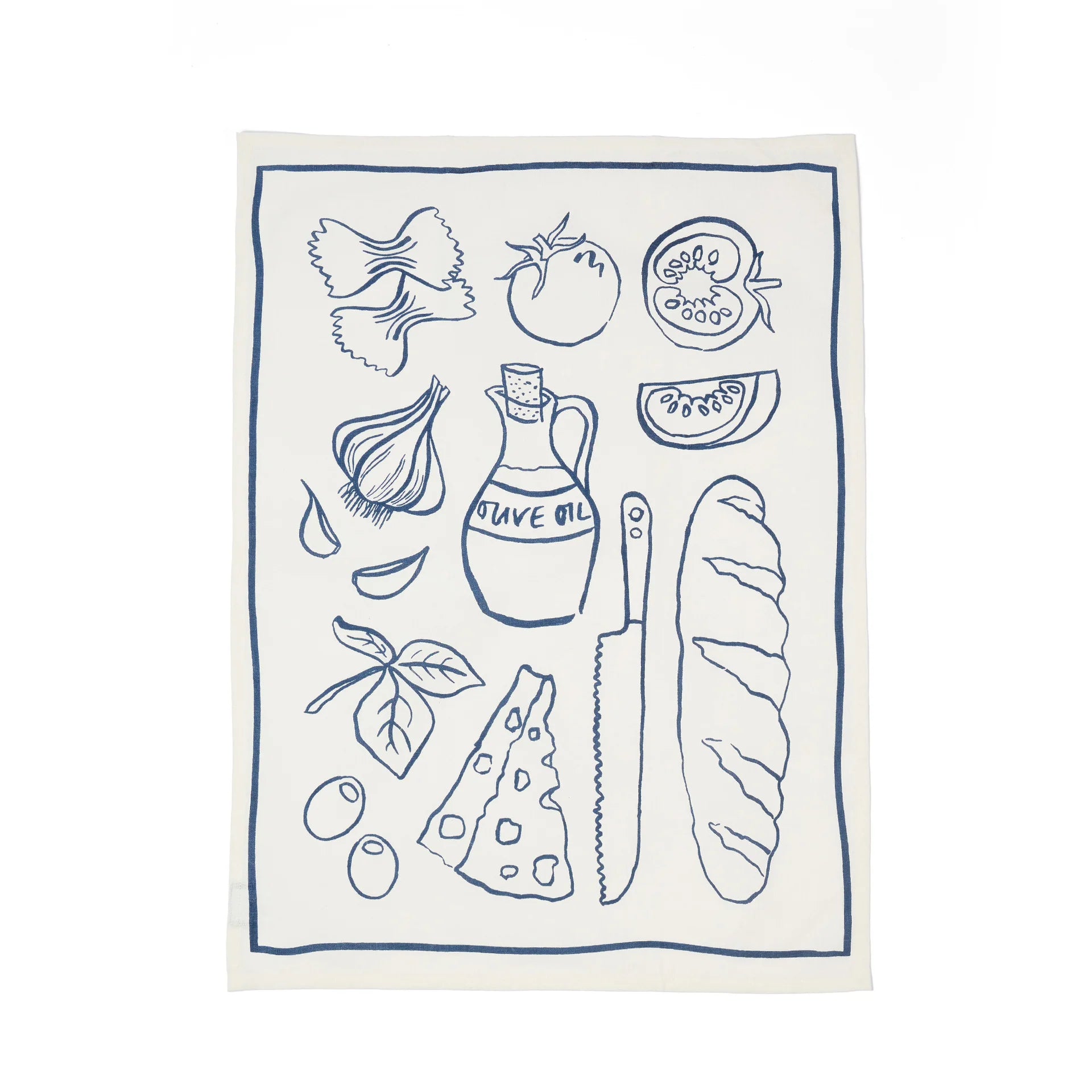 Tea towel with line drawings of food items on a white background